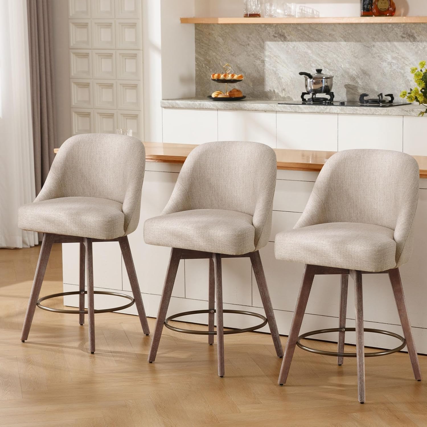 Furniture Leg Set - ty-カウンターハイトバースツール4個セット、モダンなミッドセンチュリー回転式バースツール、背もたれと木製脚付き、リネン生地、カスタマイズ可能-
